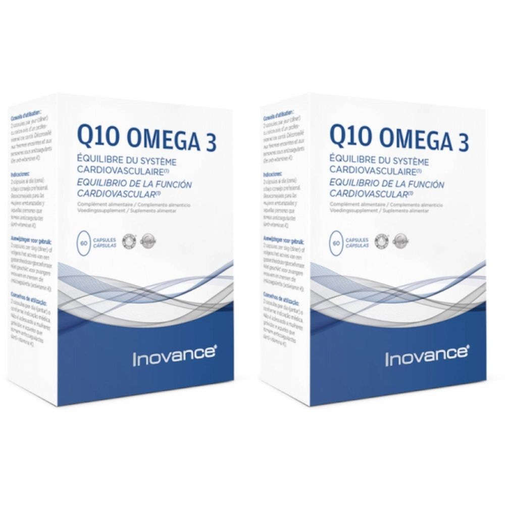 Deux boîtes "Q10 OMEGA 3". Emballage blanc et bleu avec le logo "Inovance". Contient 60 capsules.