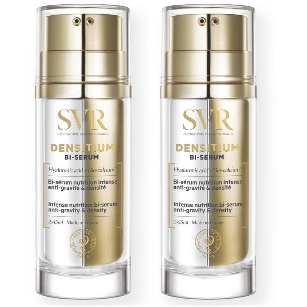 Zwei Flakons SVR Densitium BI-Serum. Transparente Flakons mit goldenen und weißen Abschnitten. Goldfarbener Pumpkopf. Beschriftung: BI-SERUM, Hyaluronsäure.
