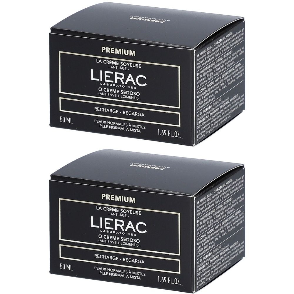 Deux boîtes noires avec informations produit. Inscription: LIERAC, Premium, La Crème Soyeuse. 50 ml.