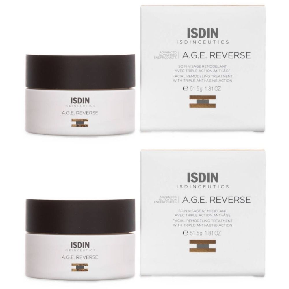 Zwei Tiegel und Verpackungen von ISDIN A.G.E. Reverse. Tiegel weiß mit braunem Deckel. Verpackung weiß mit Produktnamen.