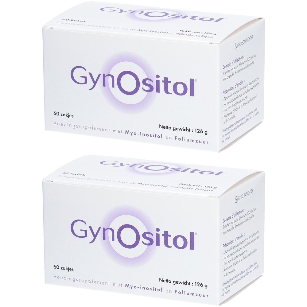 Deux boîtes blanches GynOsitol. Inscription : 60 sachets, poids net 126 g. Contient Myo-inositol et acide folique.