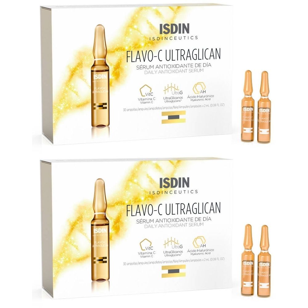 Zwei Schachteln mit ISDIN Flavo-C Ultraglican Serum. Daneben je zwei Ampullen. Aufschrift: Serum Antioxidante de Día.