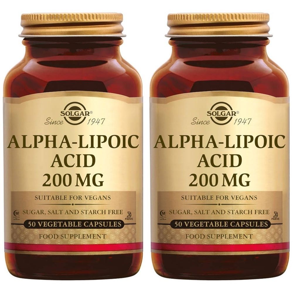 Zwei Flaschen mit SOLGAR Alpha-Liponsäure 200 mg. Aufschrift: "Geeignet für Veganer", "Zucker-, Salz- und Stärkefrei", "50 Gemüsekapseln".