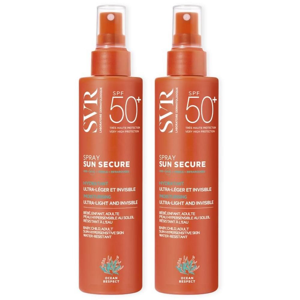 Deux flacons spray orange avec texte blanc. Inscription : SVR, SUN SECURE, SPF 50+.