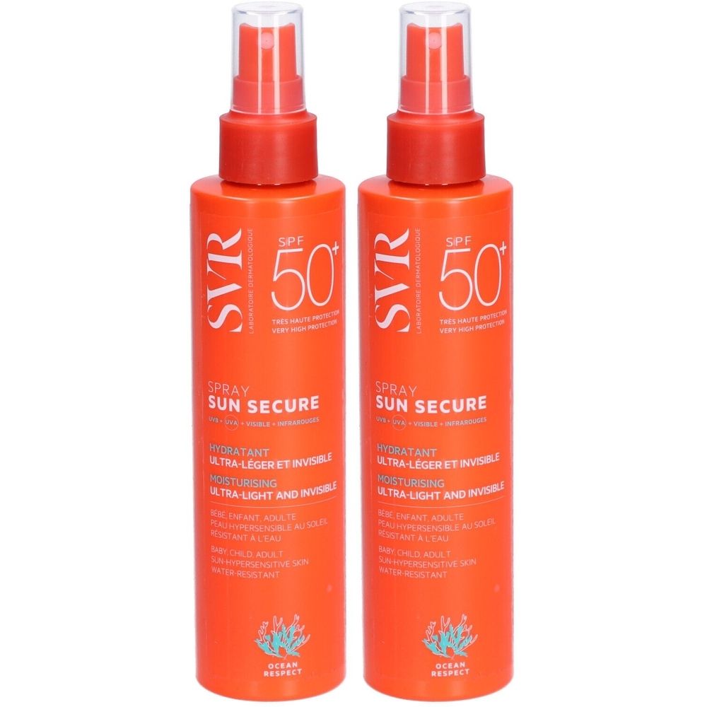 Zwei orangefarbene Sprühflaschen mit rotem Verschluss. Aufschrift: SVR, SUN SECURE SPF50+. Text: Ultra-leicht und unsichtbar.