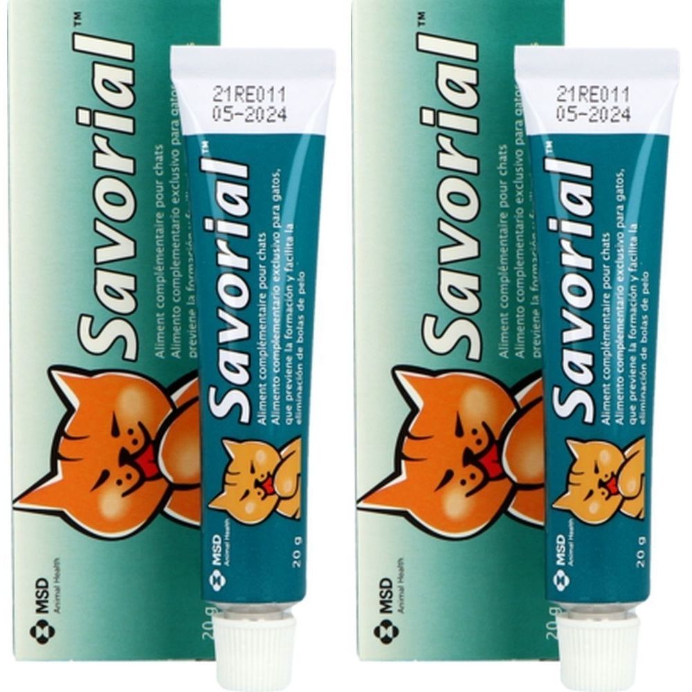 Zwei Tuben Savorial™ Pâte orale Chat. Blaue Tube mit weißem Deckel, grüne Verpackung. Text: Savorial, 20 g, MSD.