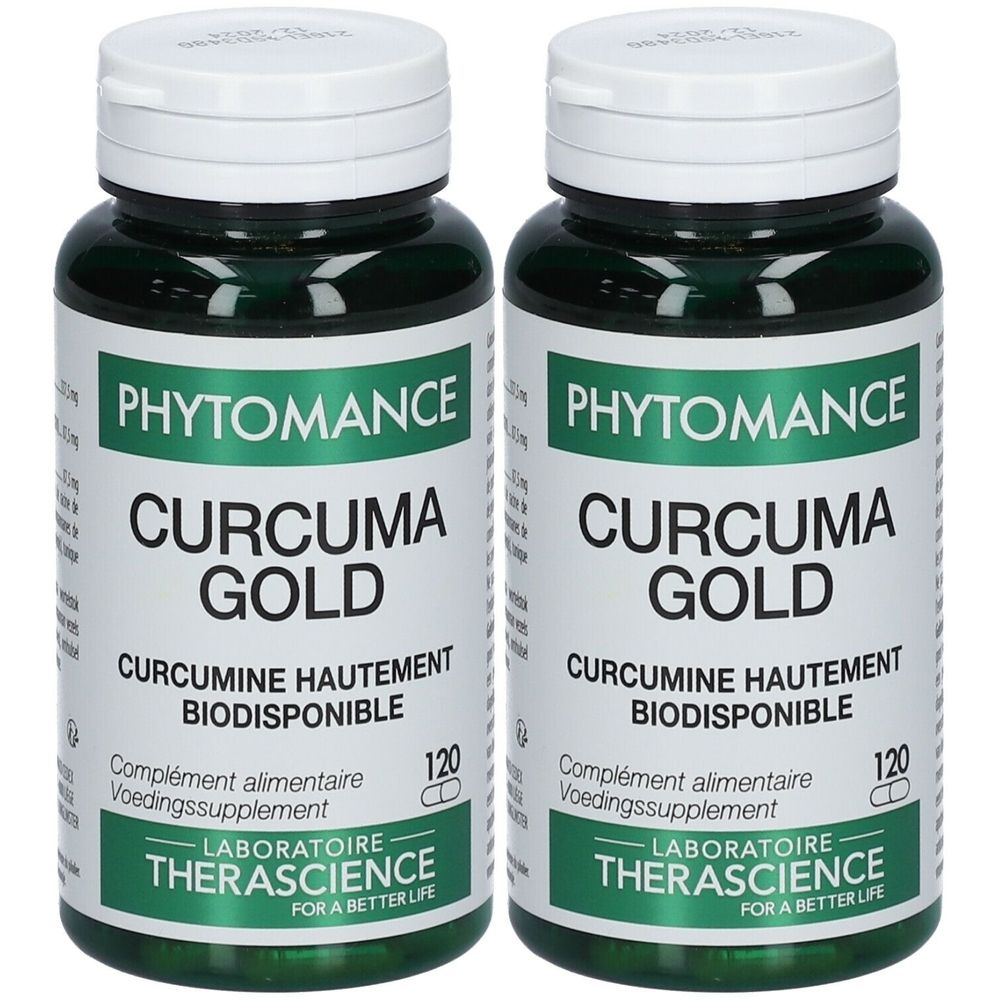 Deux flacons verts avec bouchons blancs. Étiquette: "PHYTOMANCE CURCUMA GOLD". Texte: "CURCUMINE HAUTEMENT BIODISPONIBLE". Contient 120 gélules.