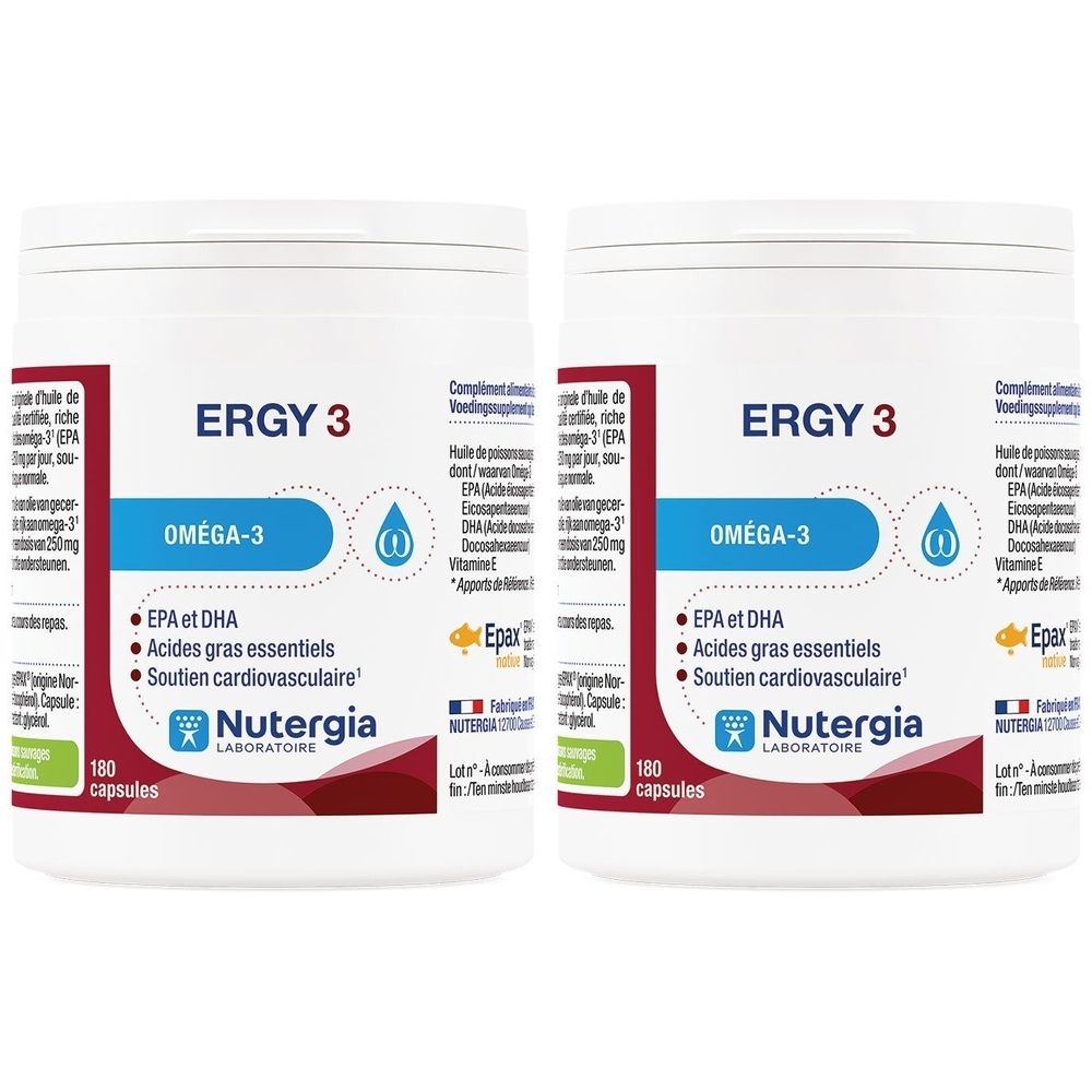 Zwei weiße Dosen mit der Aufschrift "ERGY 3" und "OMÉGA-3". Auf der Dose steht "EPA et DHA" und "Acides gras essentiels".