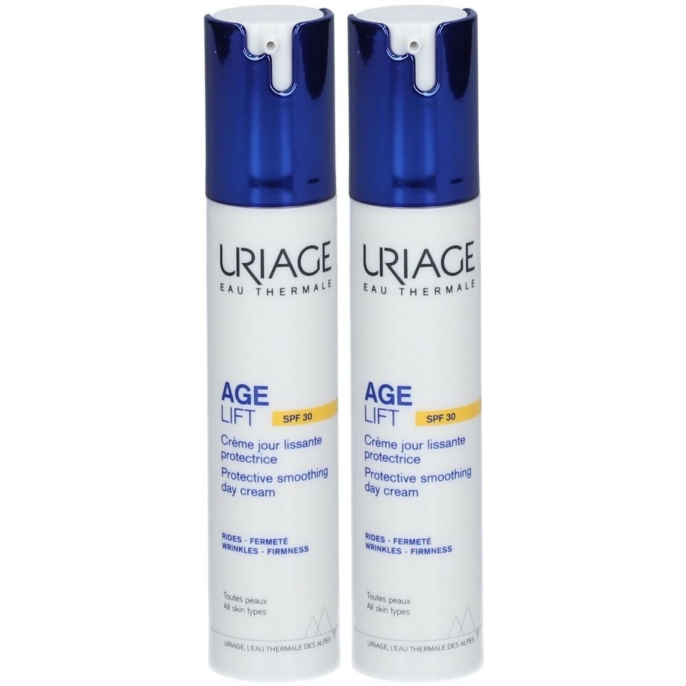 Zwei weiße Flaschen mit blauem Deckel. Aufschrift: URIAGE, AGE LIFT SPF 30, Crème jour lissante protectrice, Protective smoothing day cream.