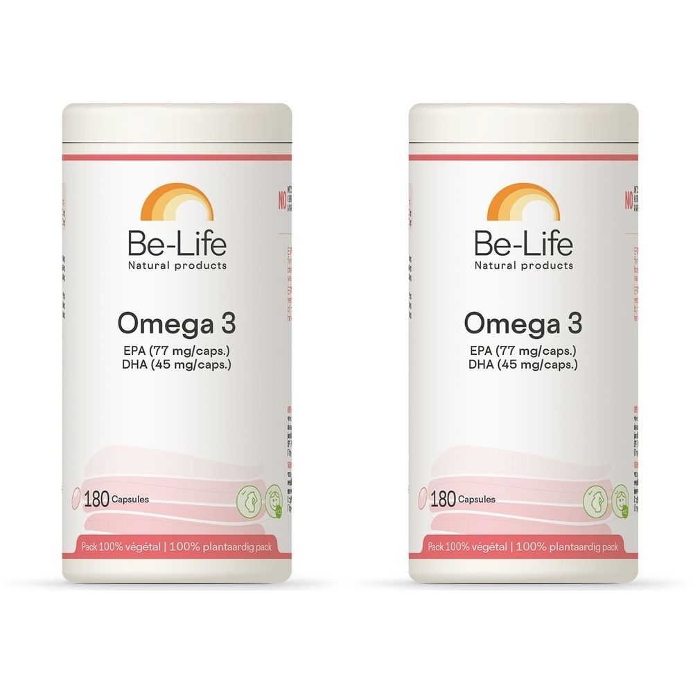 Zwei zylindrische Behälter mit der Aufschrift "Be-Life Omega 3". Aufschrift: EPA, DHA, 180 Kapseln. Vegetarisch.