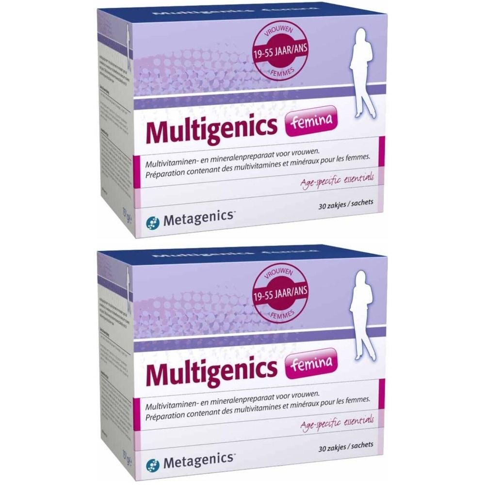 Deux boîtes de Multigenics Femina. Inscription: multivitamines et minéraux pour femmes. Âge 19-55 ans. 30 sachets.