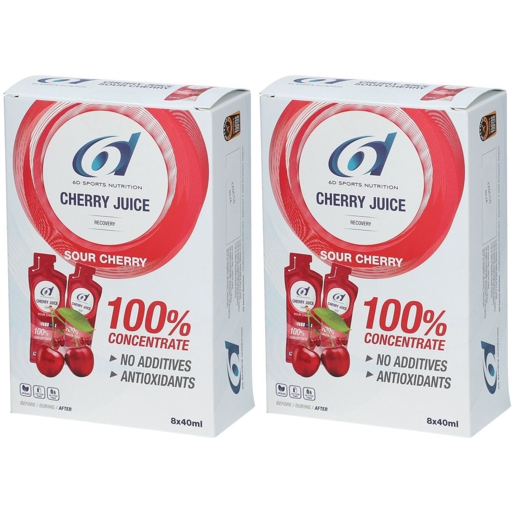 Zwei Kartons mit 6D Sports Nutrition Cherry Juice. Aufdruck: Cherry Juice, 100% Konzentrat, keine Zusatzstoffe, Antioxidantien.