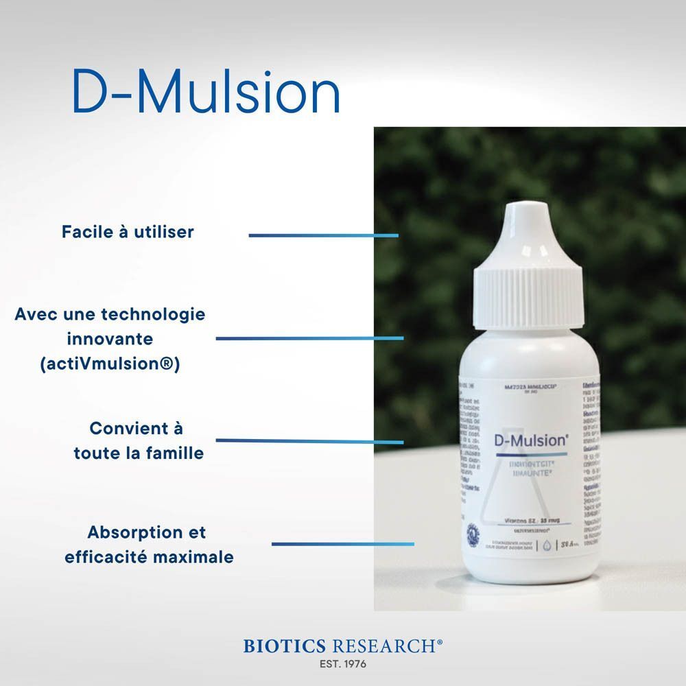 D-Mulsion: Longue durée, forme goutte, absorption max, usage quotidien, renforce le système immunitaire.