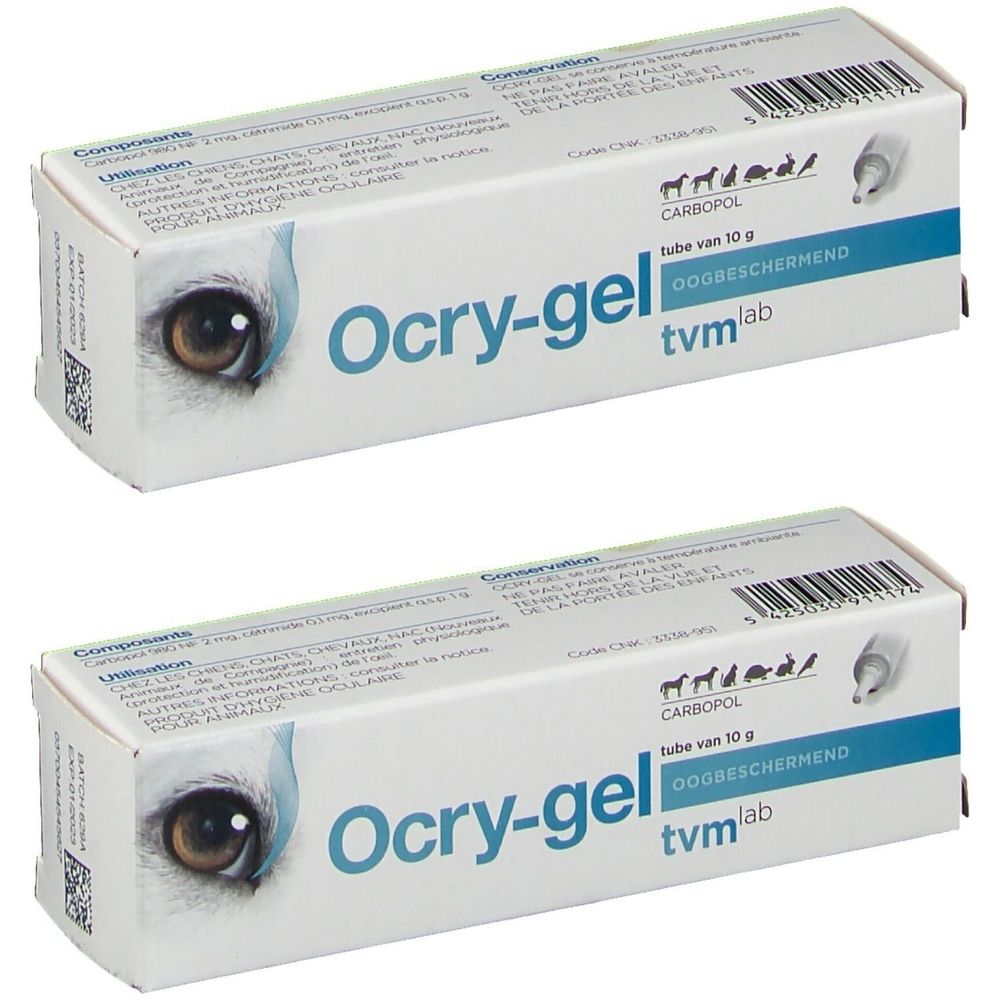 Zwei weiße Kartons mit dem Produktnamen Ocry-gel. Aufdrucke: Carbopol, tube van 10 g, oogbeschermend, tvm lab. Abbildung eines Hundeauges.