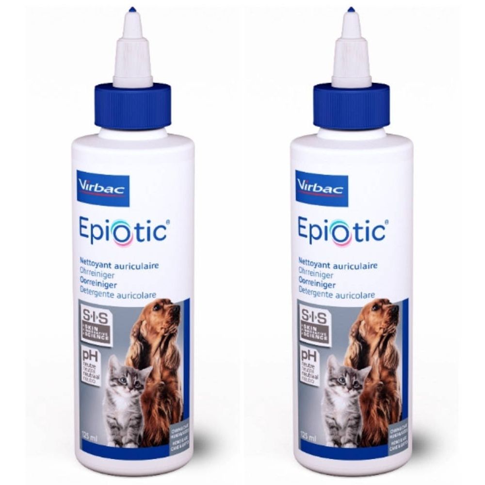 Deux flacons blancs avec bouchon bleu. Inscription EpiOtic, Nettoyant auriculaire. Image d'un chien et d'un chat.