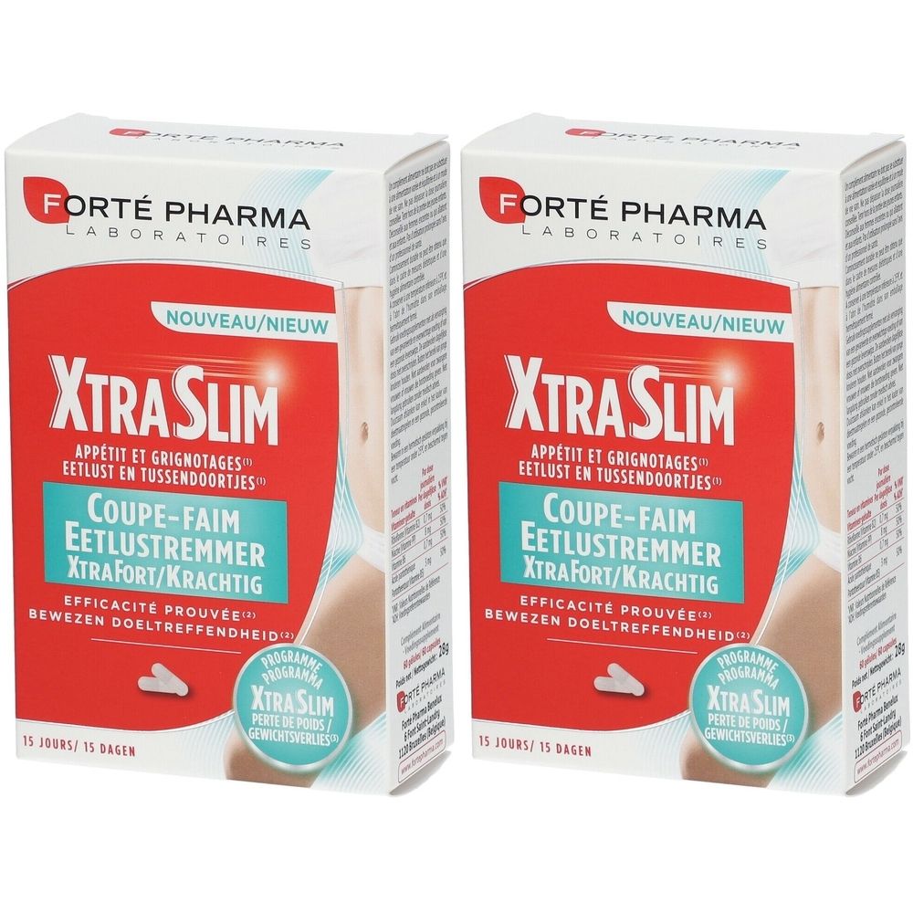 Deux boîtes de Forté Pharma Xtra Slim. Emballage rouge et blanc avec nom et logo du produit. Texte en allemand, français et néerlandais.