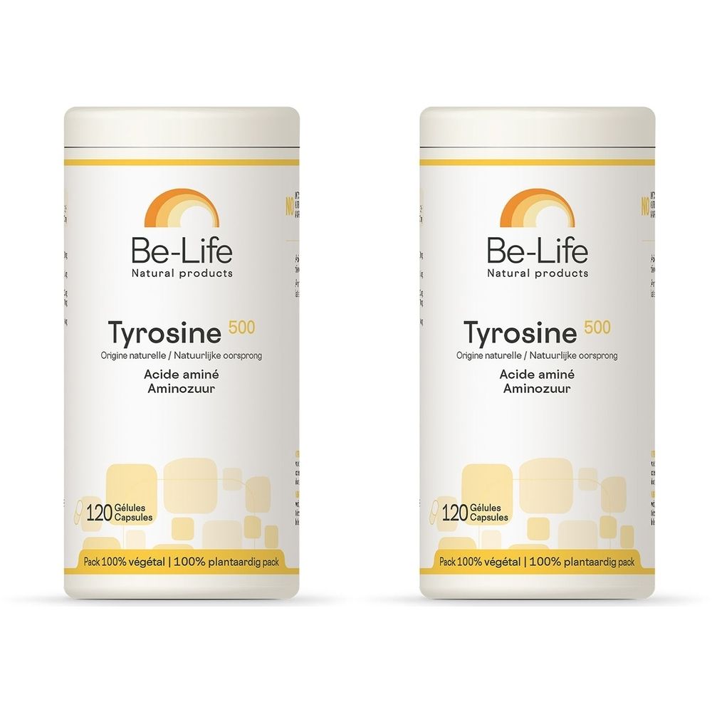 Zwei weiße Behältnisse mit gelben Akzenten. Aufschrift: Be-Life, Tyrosine 500, 120 Kapseln. Text: 100% pflanzliche Verpackung.