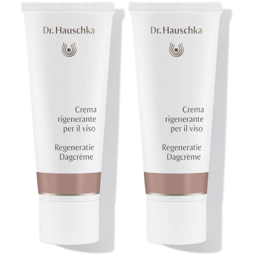 Deux tubes de crème. Inscription : Dr. Hauschka, Crema rigenerante per il viso, Regeneratie Dagcrème.