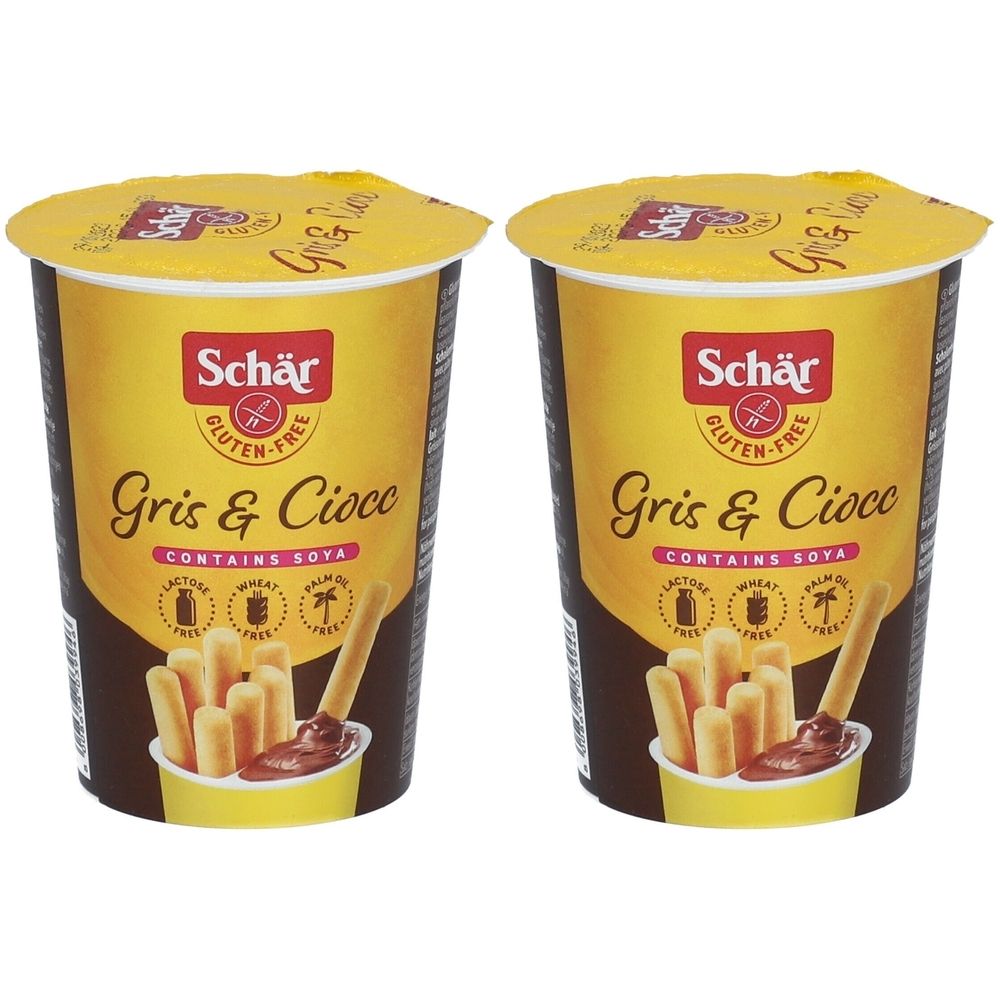 Zwei Becher Schär Gris & Ciocc. Gelber Deckel, grauer Becher. Aufschrift: glutenfrei, enthält Soja. Produktabbildung: Keksstangen mit Schokosauce.