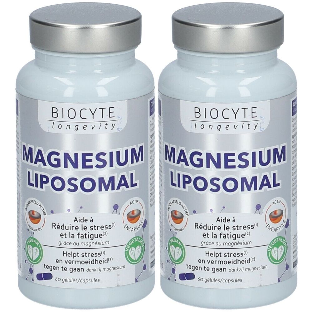 Deux flacons de BIOCYTE Magnesium Liposomal. Flacons blancs avec bouchons argentés. Inscription: Magnesium Liposomal. Contient 60 gélules.