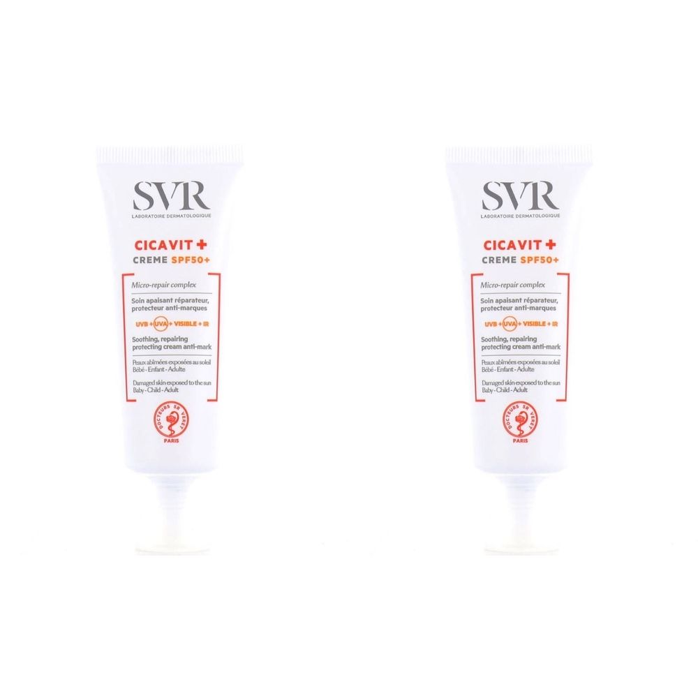 Deux tubes de SVR Cicavit+ Crème SPF50. Tubes blancs avec texte rouge et noir. Logos et noms de produits visibles.