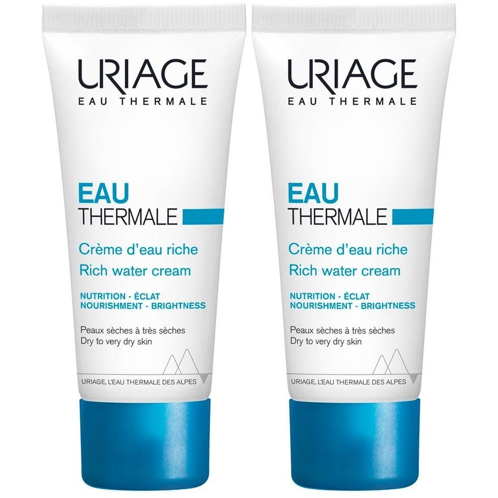 Deux tubes de crème. Inscription: URIAGE Eau Thermale, Crème d'eau riche, Rich water cream. Pour peaux sèches à très sèches.
