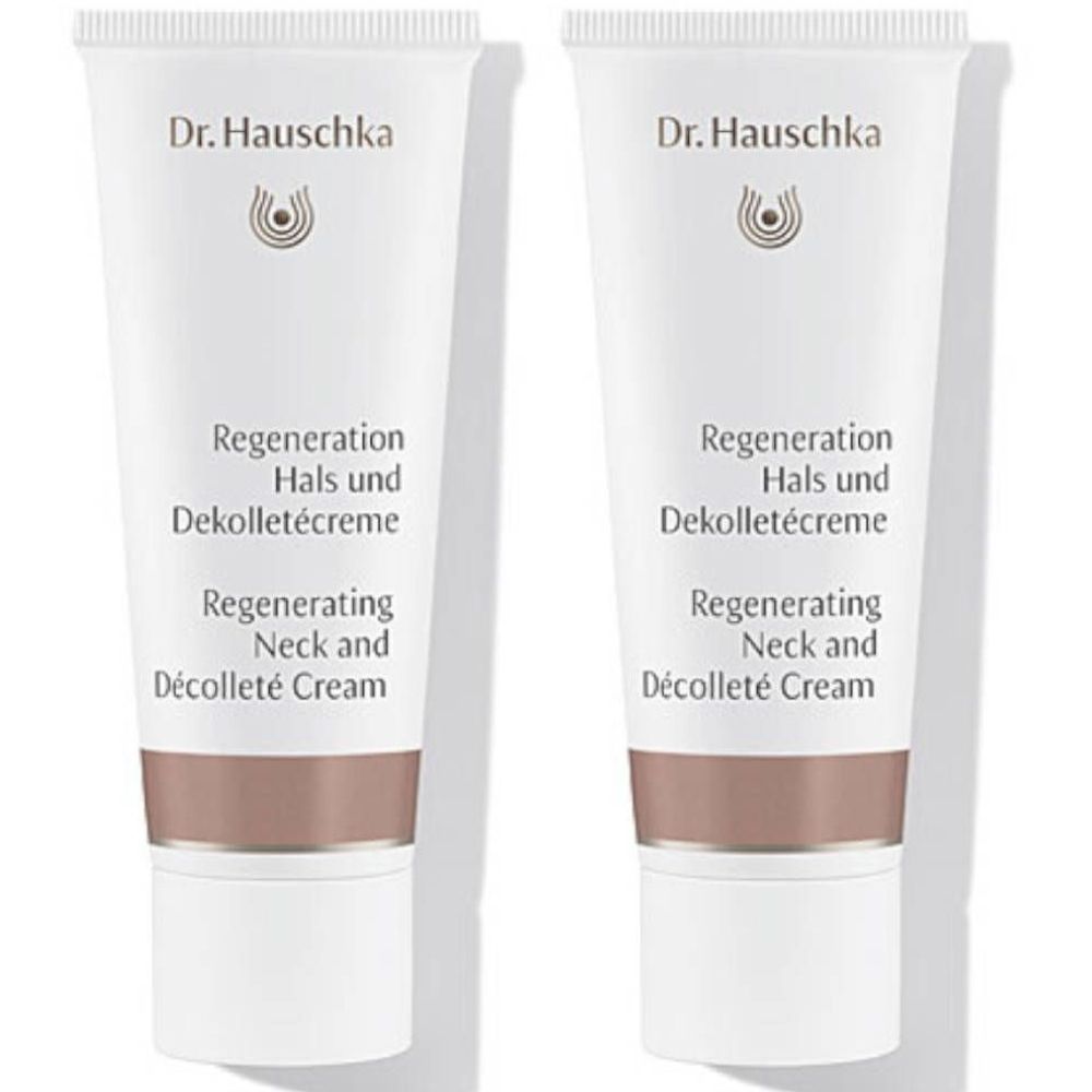 Deux tubes de crème. Inscription : Dr. Hauschka, Regeneration Hals und Dekolletécreme, Regenerating Neck and Décolleté Cream.