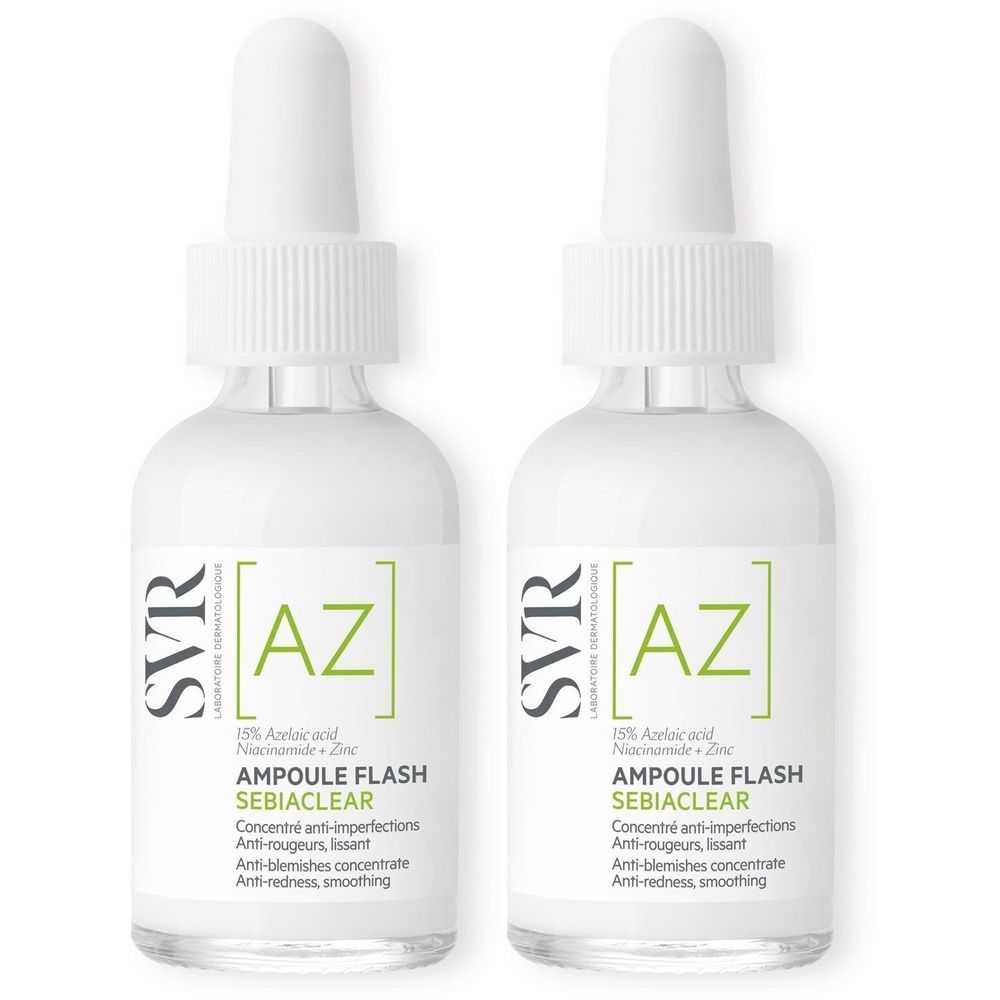 Deux flacons de SVR [AZ] Sebiaclear Ampoule Flash. Flacons blancs avec compte-gouttes. Inscription : AMPOULE FLASH SEBIACLEAR.