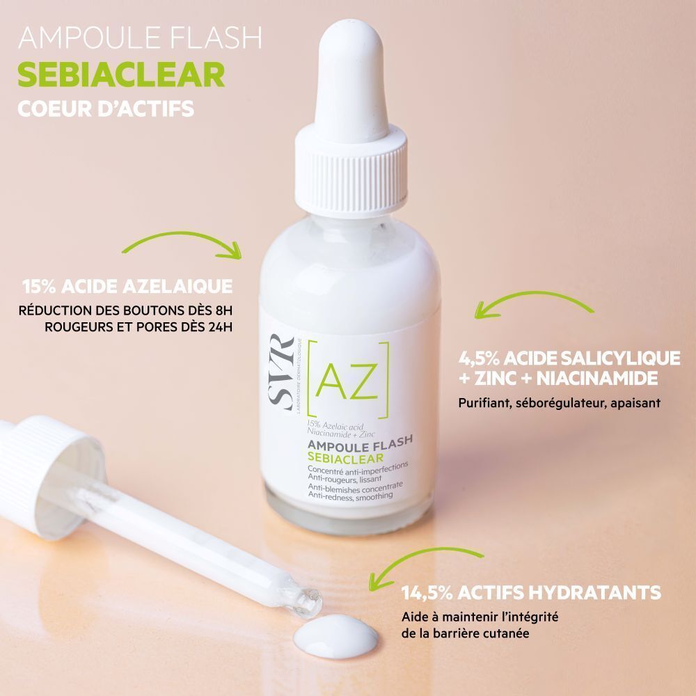 Flacon SVR [AZ] Sebiaclear Ampoule Flash avec informations. Pipette à côté. Texte avec ingrédients et effets.