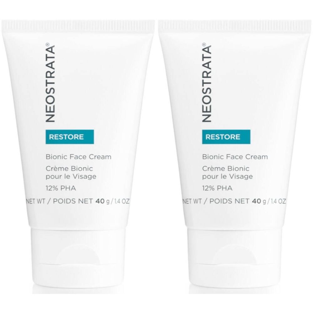 Zwei weiße Tuben mit blauer Schrift. Aufschrift: NEOSTRATA, RESTORE, Bionic Face Cream, 12% PHA. Nettogewicht 40 g.