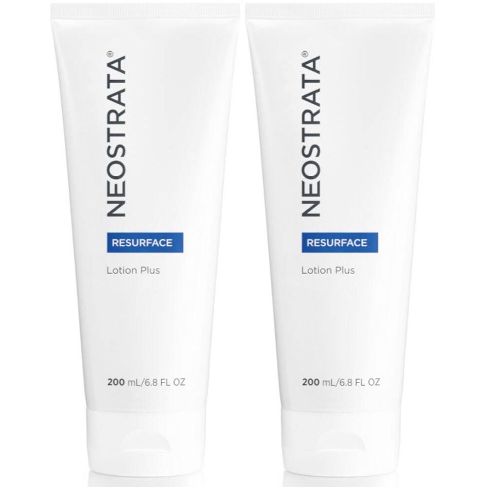Deux tubes blancs avec texte bleu. Inscription: NEOSTRATA, RESURFACE, Lotion Plus. Volume: 200 ml/6,8 FL OZ.