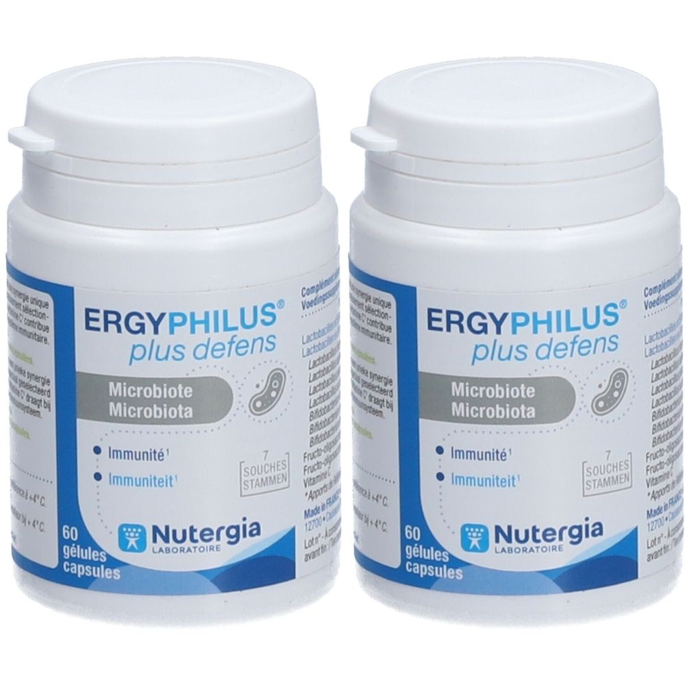 Zwei weiße Flaschen mit blauer Aufschrift: ERGYPHILUS plus defens. Enthält 60 Kapseln. Marke: Nutergia.