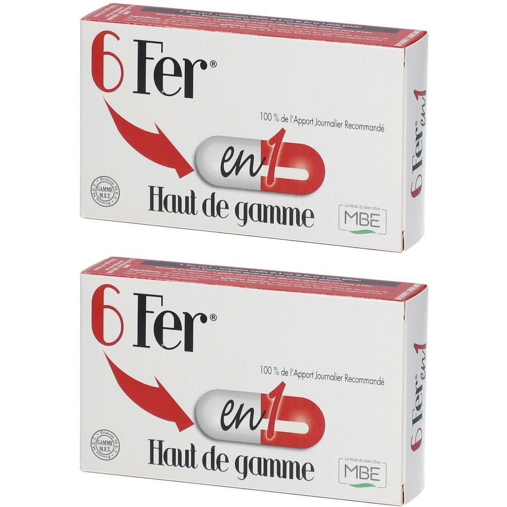 Zwei weiße Schachteln mit roter und schwarzer Schrift. Aufschrift: 6 Fer, en 1, Haut de gamme, MBE. Mit roter Pfeil-Grafik.