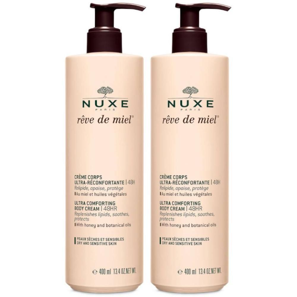 Deux flacons de NUXE Crème Corps Ultra-Réconfortante 48H Rêve de Miel. Flacons beiges avec pompes marron. Texte sur l'étiquette.