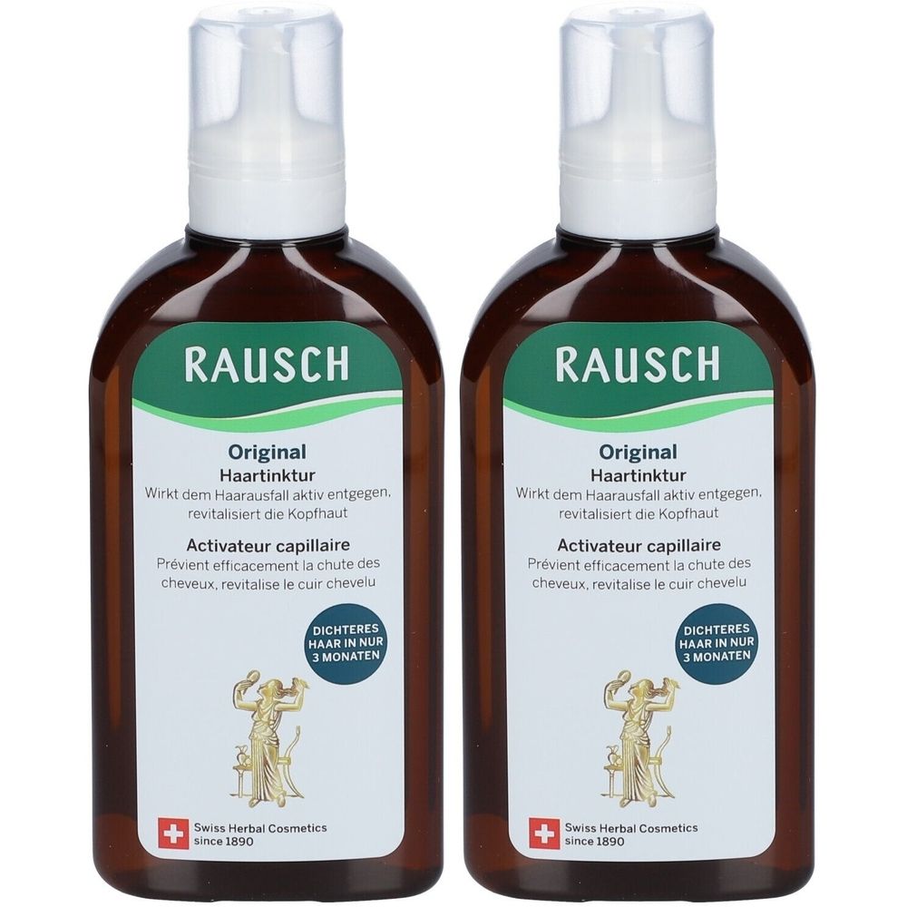Zwei braune Flaschen mit weißem Sprühkopf. Aufschrift: RAUSCH Original Haartinktur, Activateur capillaire. Schweizer Kräuterkosmetik.