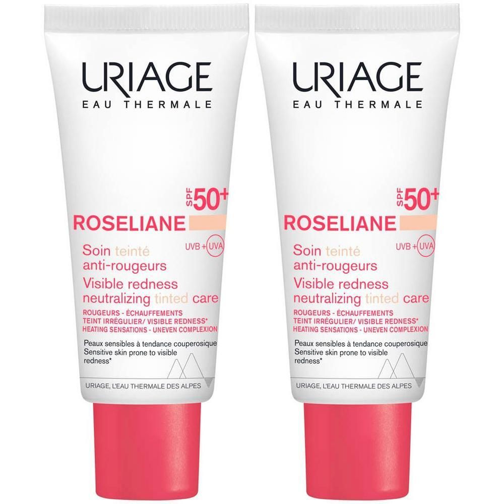 Deux tubes de URIAGE Roséliane Soin teinté anti-rougeurs SPF 50+. Tubes blancs, bouchons rouges.