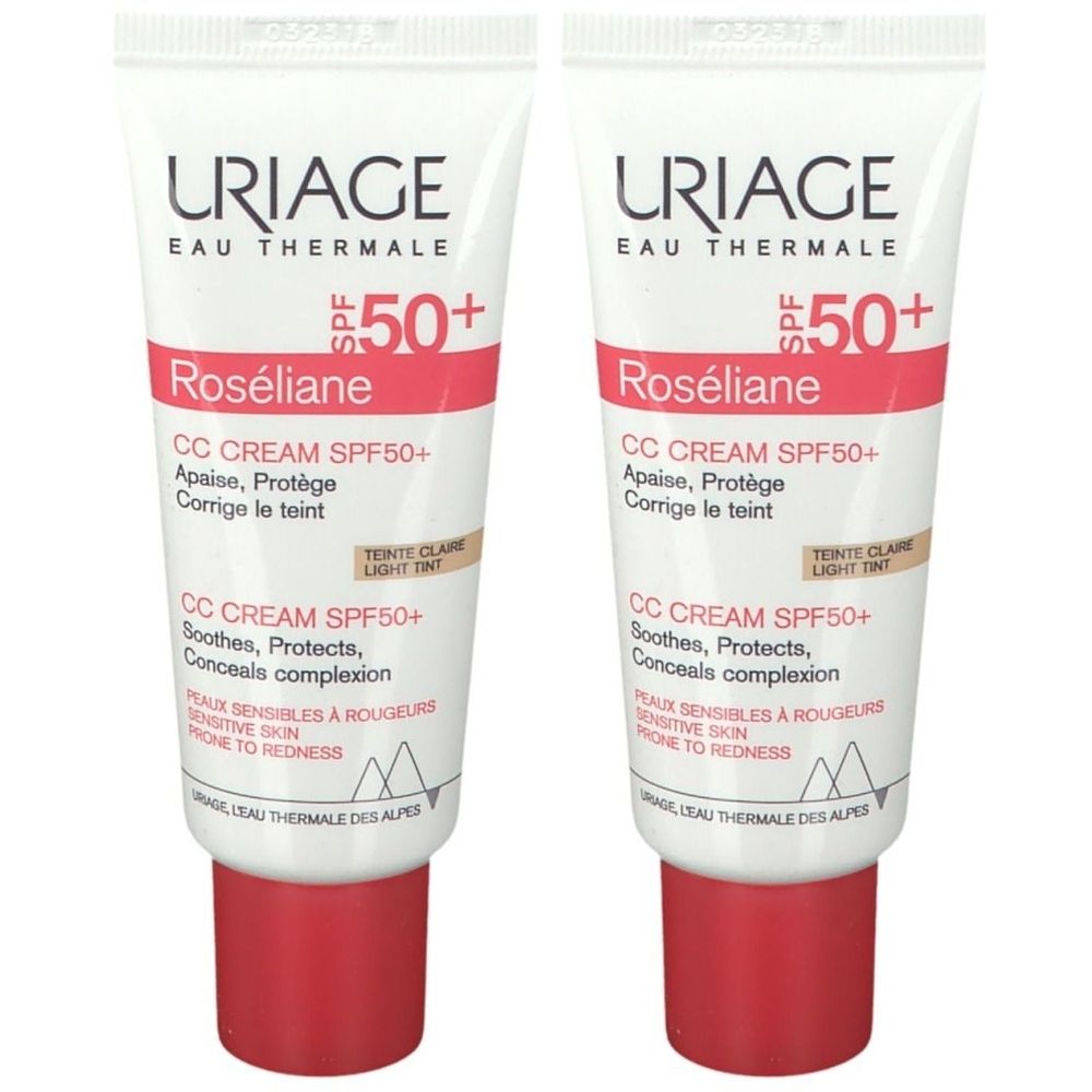 Deux tubes de crème CC Roséliane SPF 50+ URIAGE. Tubes blancs avec texte rouge et bouchon rouge.