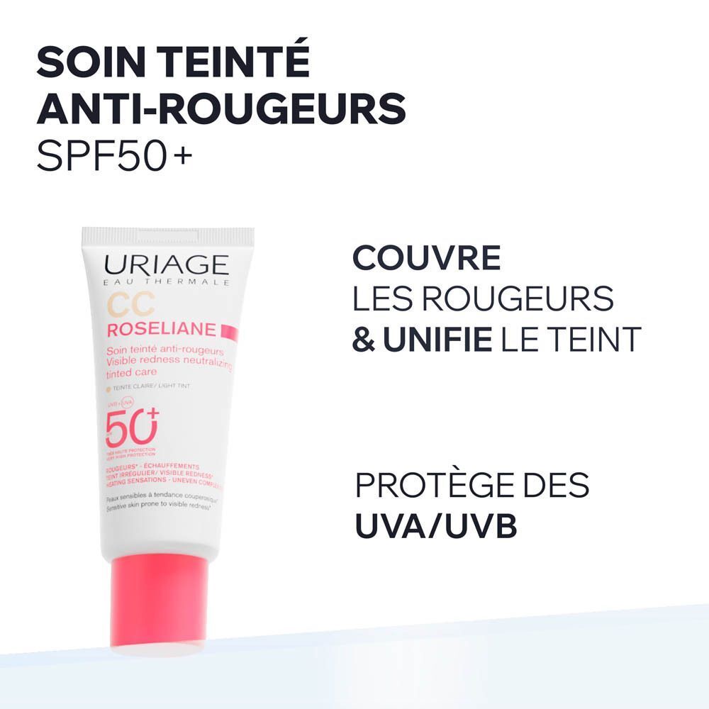 Tube de URIAGE Roséliane CC Cream SPF 50+. Texte et SPF 50+ sur fond blanc.