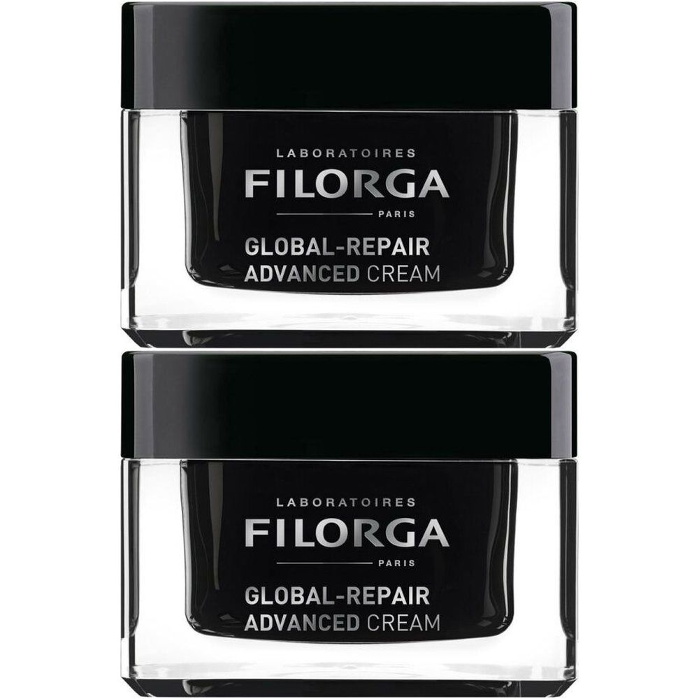 Deux pots de crème FILORGA Global-Repair Advanced. Couvercles noirs, pots transparents. Inscription: LABORATOIRES FILORGA PARIS.
