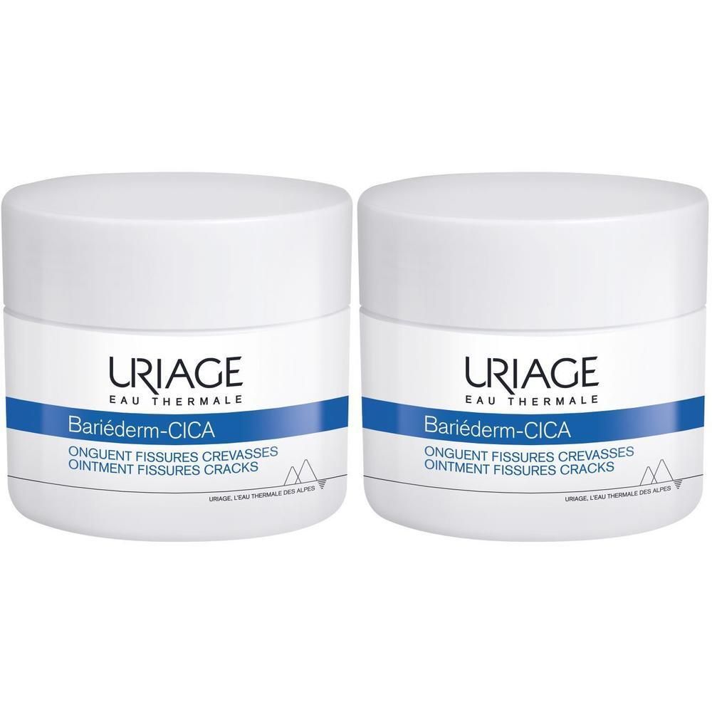 Deux pots blancs avec couvercles. Bande bleue avec URIAGE et Bariederm-CICA.