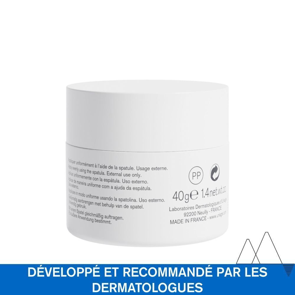 Pot blanc. Texte : 40g 1.4 fl.oz. MADE IN FRANCE. Développé et recommandé par les dermatologues.