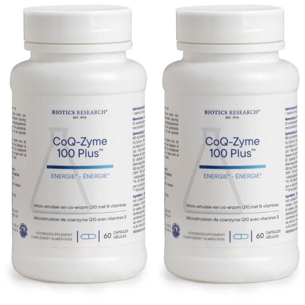 Deux bouteilles blanches de Biotics Research CoQ-Zyme 100 Plus, 60 gélules par bouteille.