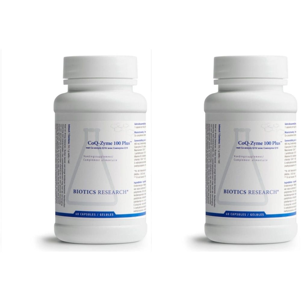 Zwei weiße Flaschen mit Schraubverschluss. Auf jeder Flasche steht „CoQ-Zyme 100 Plus“ und „Biotics Research“. 60 Kapseln.