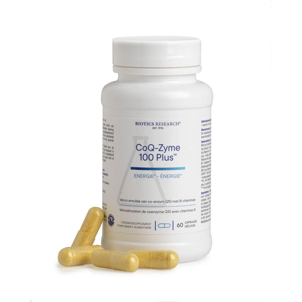 Une bouteille blanche de Biotics Research CoQ-Zyme 100 Plus avec trois gélules à côté, 60 gélules par bouteille.