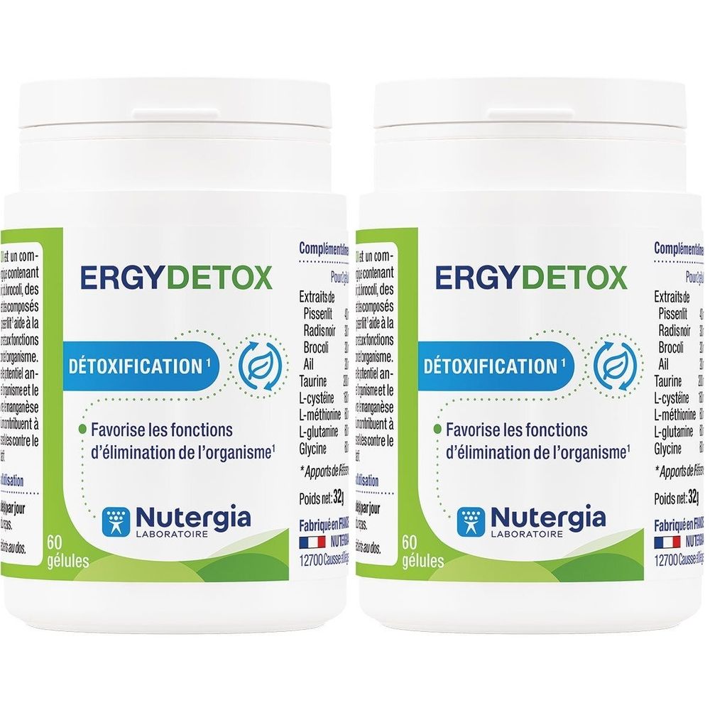 Zwei weiße Flaschen mit grünem Etikett. Aufschrift: ERGYDETOX, DETOXIFICATION, Nutergia Laboratoire. Enthält 60 Kapseln.