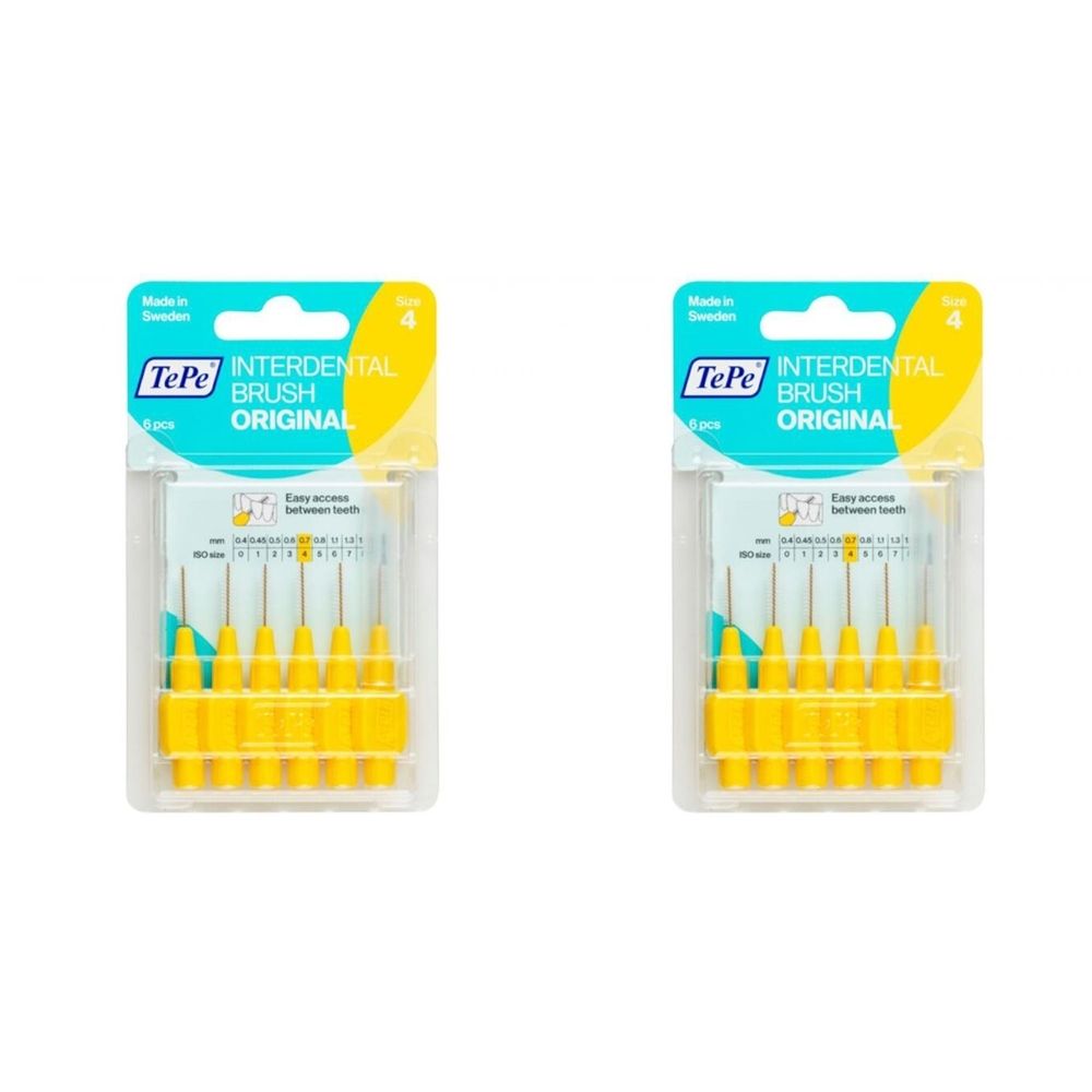 Zwei Packungen TePe® Original Interdentalbürsten, gelb. Größe 4, 0,70 mm. Verpackung mit 6 Bürsten.