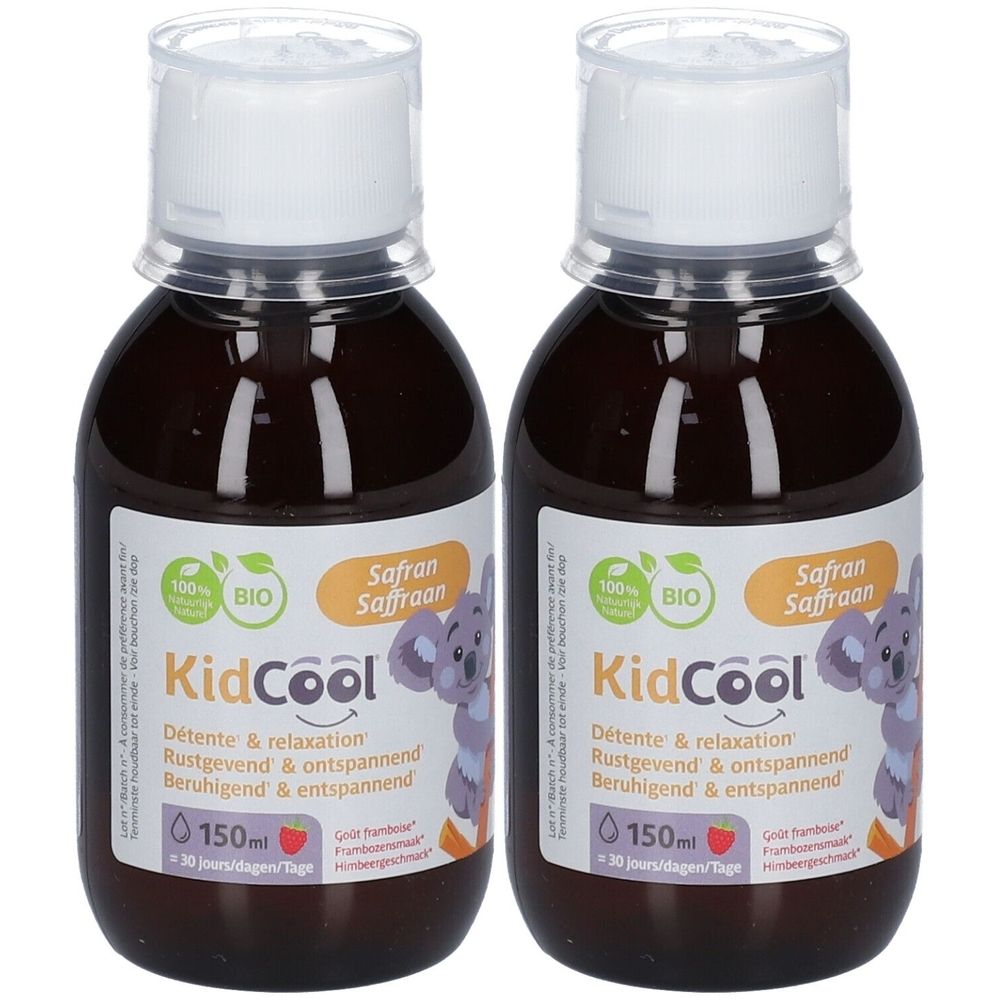 Deux flacons de KIDCOOL Détente & Relaxation. Inscription : Safran, 100% BIO. Bouteilles avec bouchon blanc et liquide brun.