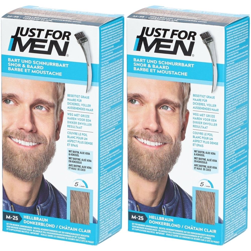 Zwei Produktverpackungen. Aufschrift: JUST FOR MEN. Bart- und Schnurrbartfarbe. Farbton Hellbraun. Enthält Bürste. Abbildung eines Mannes mit Bart.
