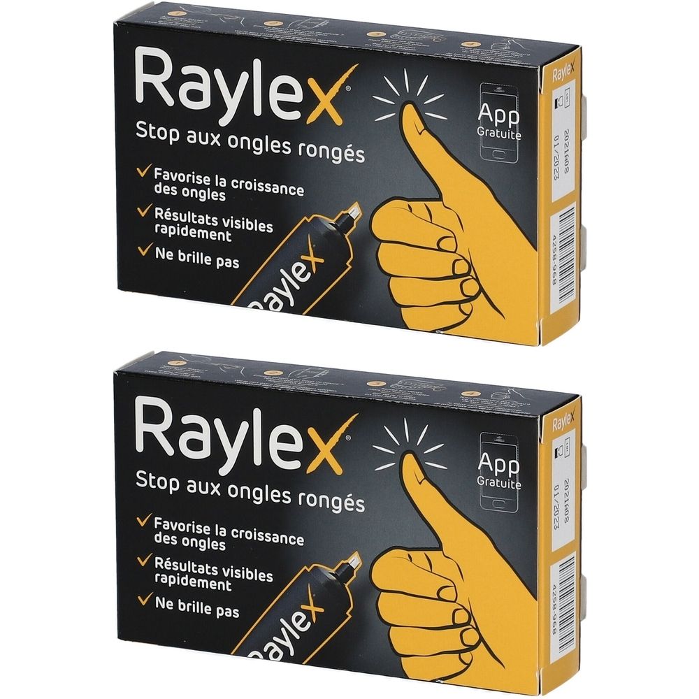 Deux boîtes Raylex, « Stop aux ongles rongés ». Illustration d'une main avec le pouce levé. Inscription « App gratuite ».