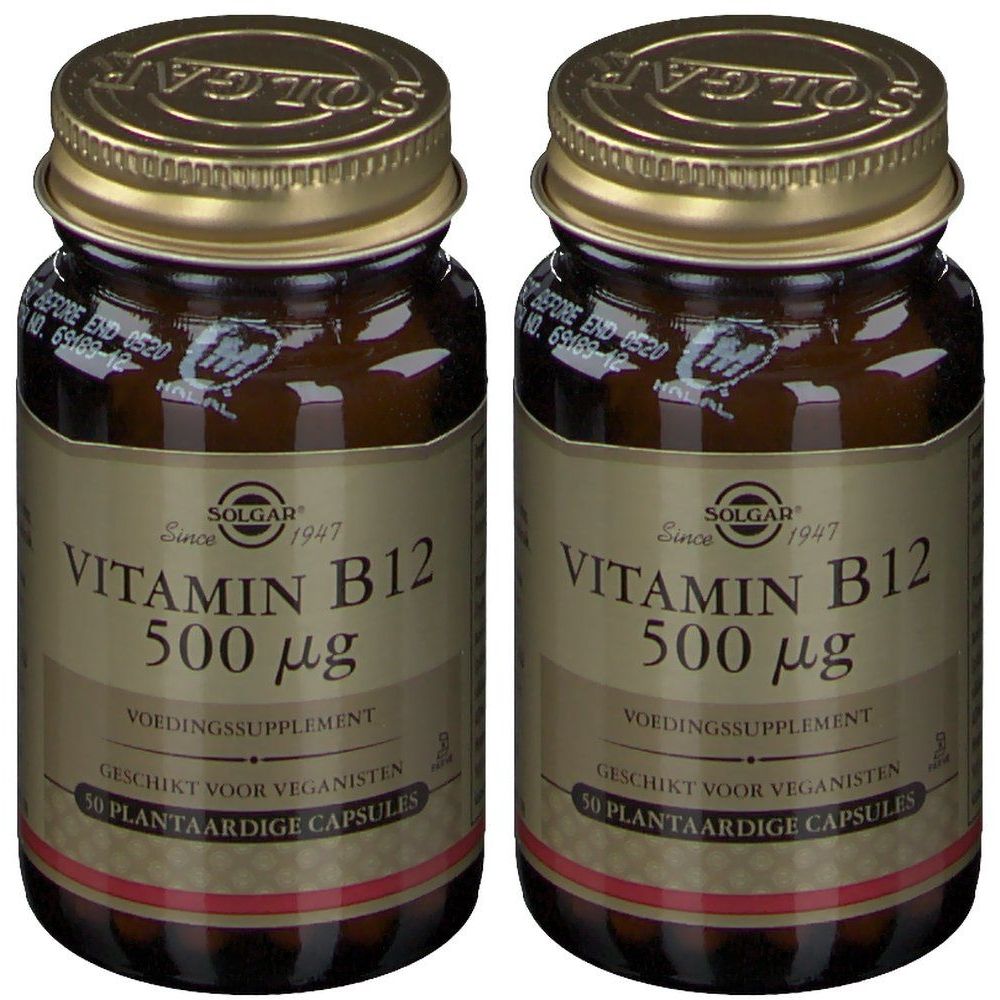 Zwei braune Glasflaschen mit goldenen Deckeln. Auf den Etiketten steht "Vitamin B12 500 µg" und "50 pflanzliche Kapseln".